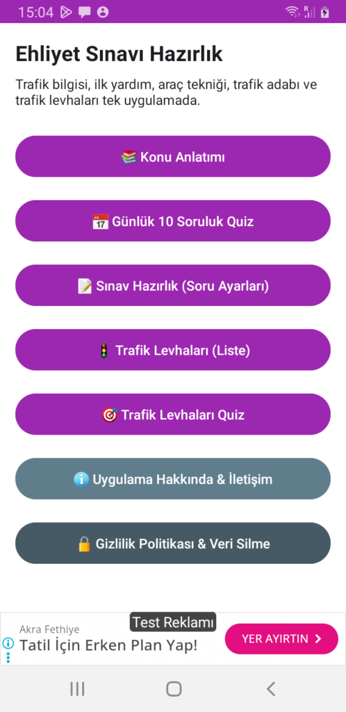 ehliyet sınavı hazırlık uygulaması